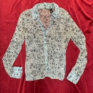 Vintage 90s Pale Blue Sheer Floral Button-Up Blouse Size Lqrge
